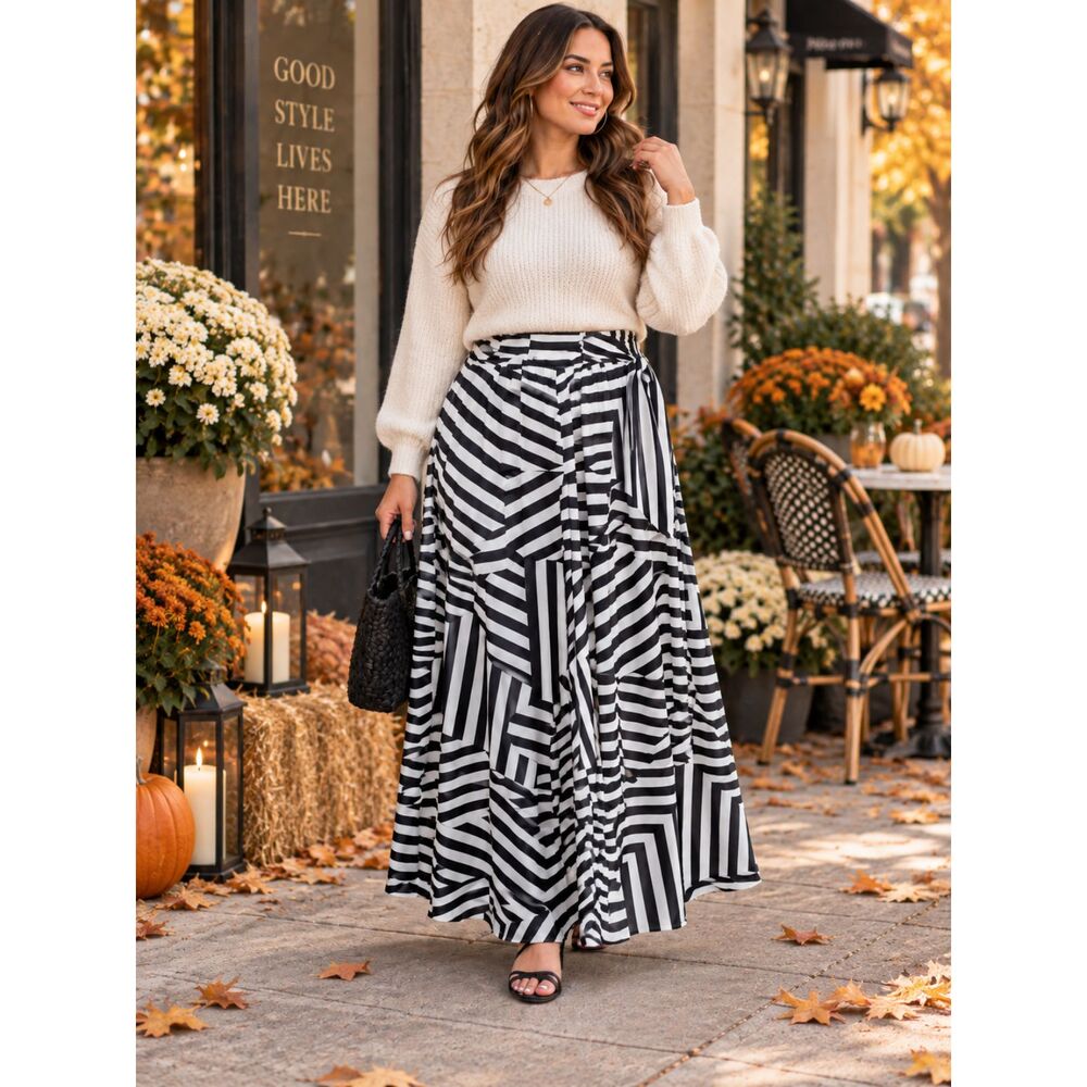 Black White Geometric Maxi Skirt NWT XL High Waist Flowy Statement